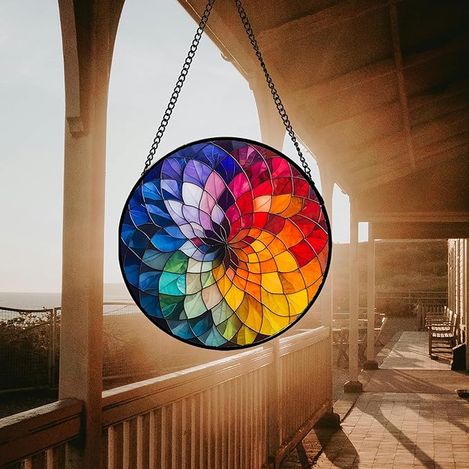 Stained Glass Window Hanging - Colorful Flowers Sun Catcher for Door Terrace Garden Home Decor, Abstract Gradient Suncatcher Birthday Gifts for Lovers Women Men Dad Mom Nana 15 in