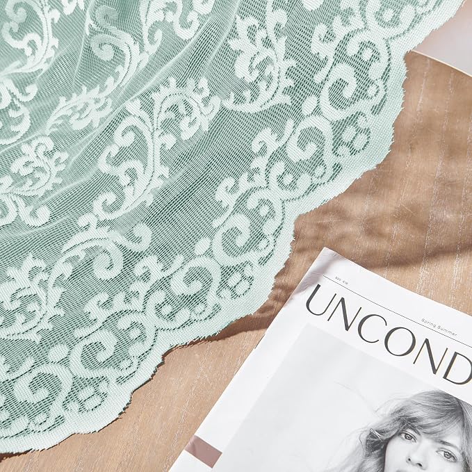 Pastel Turquoise Lace Curtains 96 Inches Long Rod Pocket Light Teal Paisley - Image 6