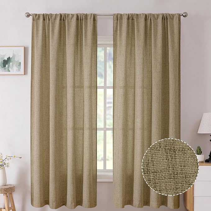 Tollpiz Short Linen Curtain Living Room Rod Pocket Semi Sheer Curtains Burlap by Tollpiz