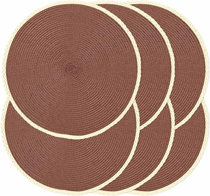 Round Placemats Set of 6, Woven Table Mats, Thin Edge, Chestnut Brown | Braided by Noctiflorous