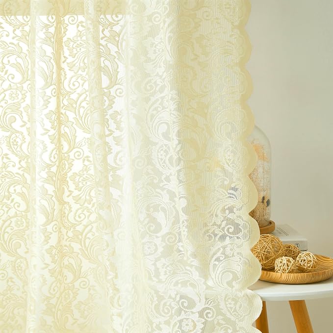 Bujasso Ivory Sheer Lace Curtains 63 inch Vintage Floral Sheer Window Curtain by Bujasso