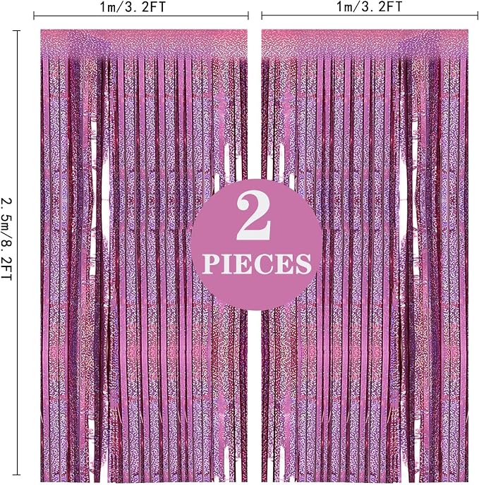 PIGETALE Pink Foil Fringe Curtains, 2 Pack 3.2 x 8.2 ft Party Backdrop | - Image 4