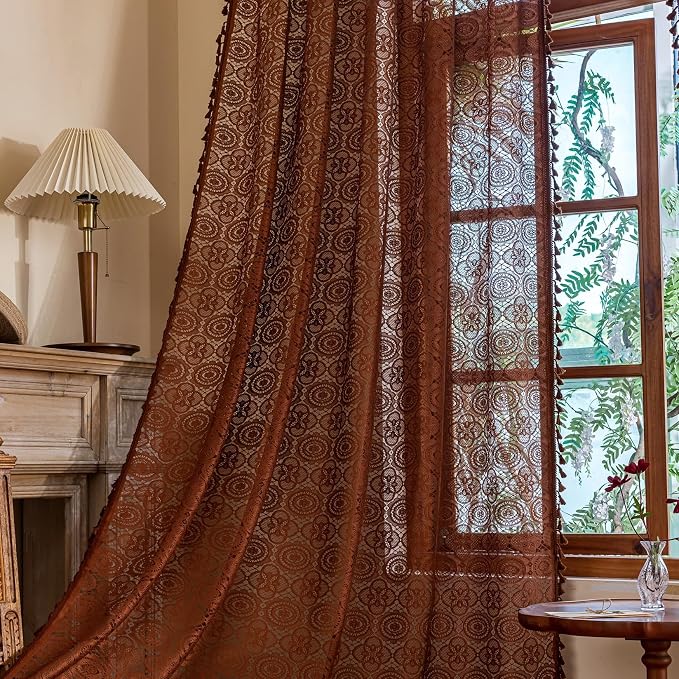 YJ YANJUN Boho Lace Curtains, 59x63 inch, Camrel Brown Sheer Window Panels | - Image 4