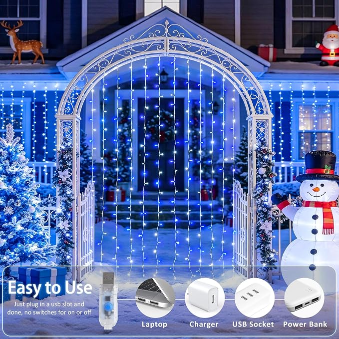 JMEXSUSS 200 LED USB Curtain Lights Blue and White | Remote Curtain Christmas - Image 4