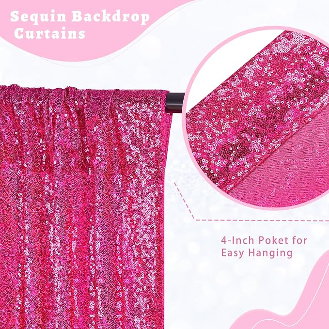 Fuchsia Sequin Backdrop Curtains Party Photo Glitter Drapes 2 Pcs 2FTx8FT | - Image 3