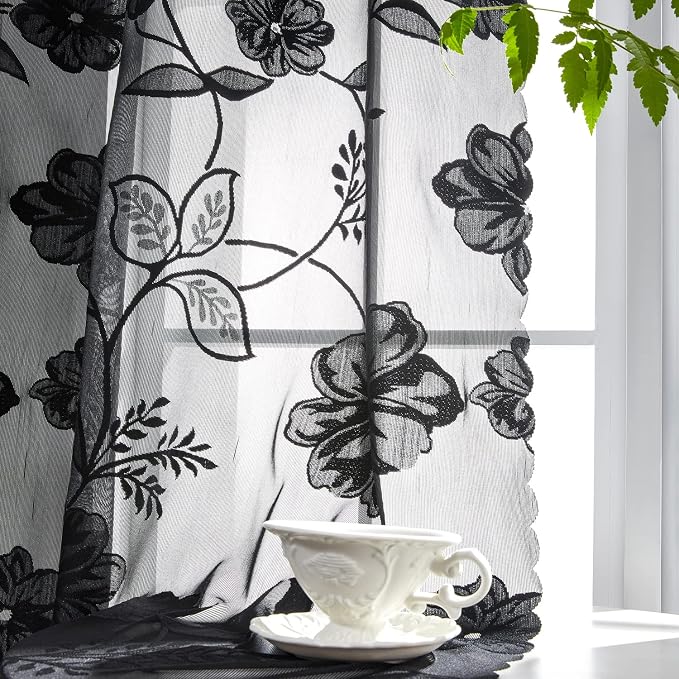 Treatmentex Black Lace Curtains 63inch Rose Floral and Leaf Sheer Decorative - Image 7