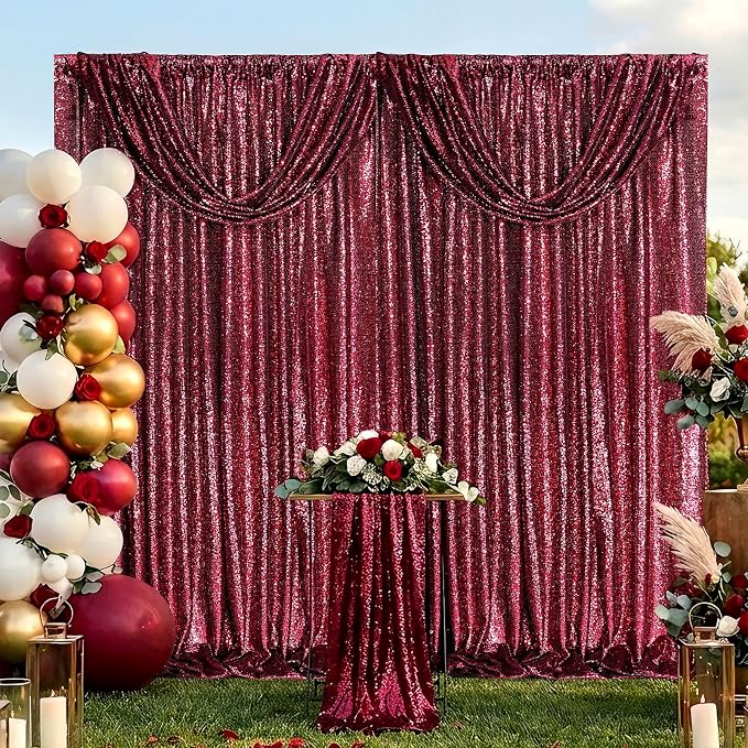 Glitter Sequin Backdrop 2 Panels 3x8FT Burgundy Red Wedding Photo Curtains | - Image 6