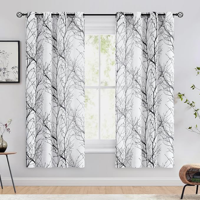 FMFUNCTEX Linen Black White Semi Sheer Print Curtains 63 Inch Long 2 Panels | - Image 2