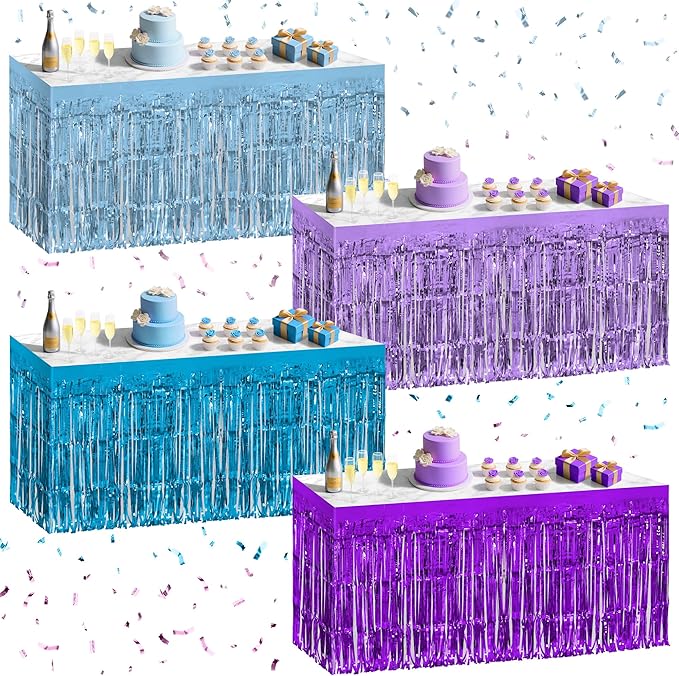 4 Pack Blue Purple Series Table Skirts, 29x108" Metallic Foil Tinsel Fringe Table Skirt for Rectangle Tables Streamer Curtains Backdrop, Party Decorations for Birthdays, Weddings, Holidays