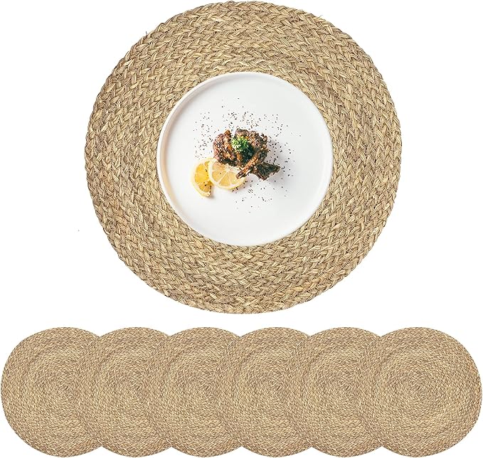 Woven Placemats for Dining Table Set of 6, 100% Natural Straw, Rustic Round by CYSISTERS