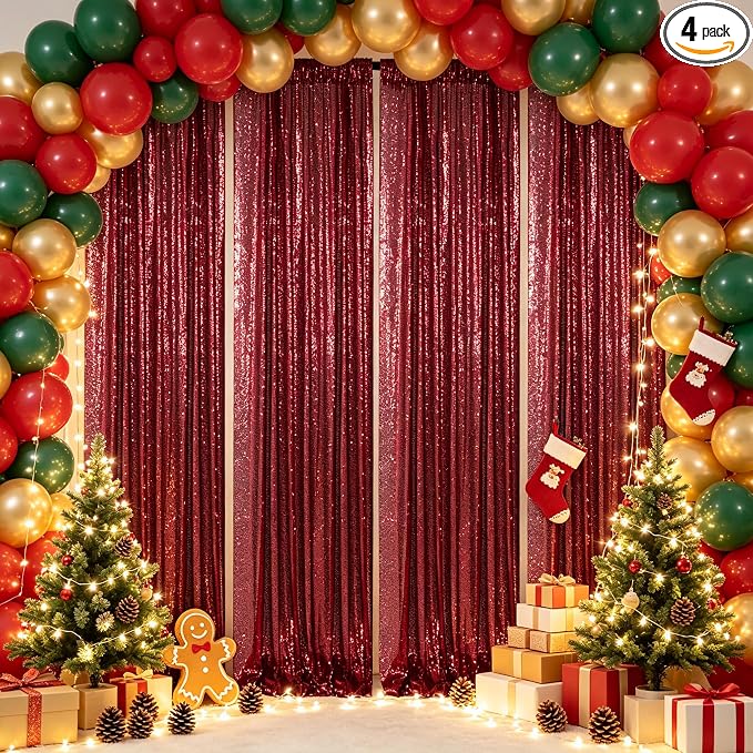 ShinyBeauty Sequin Backdrop 4 Panels Burgundy 2x8ft by ShinyBeauty