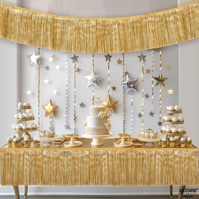 KatchOn, Large Champagne Gold Fringe Garland - 6.5 Feet, Pack of 2 | Foil Fringe Banner for 50th Birthday Decorations | Gold Streamers for Casino, Bachelorette, Retirement, Anniversary Decorations