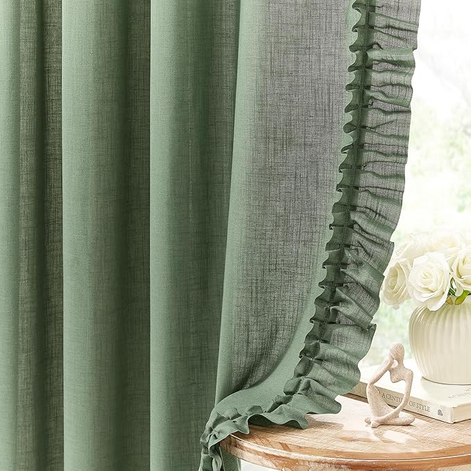 Dark Sage Green Ruffle Curtains Boho Farmhouse 58 x 72 Inch, 2 Panels | Rod by TERLYTEX