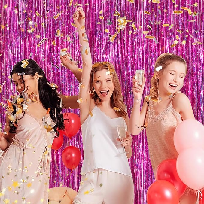 Hot Pink Metallic Tinsel Foil Fringe Curtains, 2 Pack 3.3x8.3 Feet Party - Image 5