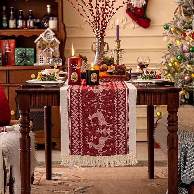 Table Runners 119 Inches,Elk Table Runner with Tassel Fringe,Christmas Table Runner for Party，Coffee Table, Festival
