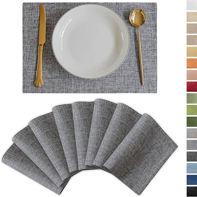 Demetex Grey Textured Linen Placemats Set of 8 Classic Place Mats Heat by DEMETEX