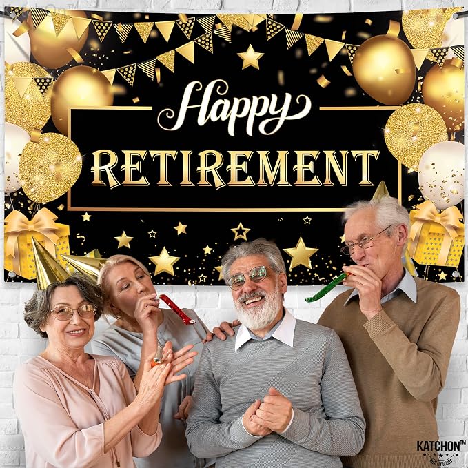 Katchon Happy Retirement Banner 72x44 Inch | Black & Gold, Wall Banner - Image 2