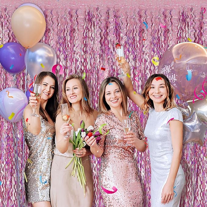 Pink Backdrop Party Decorations Pink Streamers Tinsel Foil Fringe Curtains Wavy - Image 3