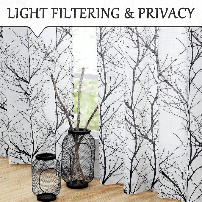 FMFUNCTEX Linen Black White Semi Sheer Print Curtains 72 Inch Long 2 Panels | - Image 3