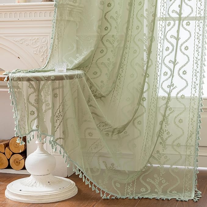 WAZZIO Boho Lace Curtains 2 Panels 96 Inch -Vintage Victorian Sheer Panel Drape - Image 5