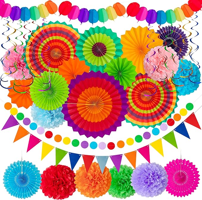 35PCS Fiesta Paper Fan Party Decorations Set | Cinco De Mayo Pom Poms, by MoonBoat