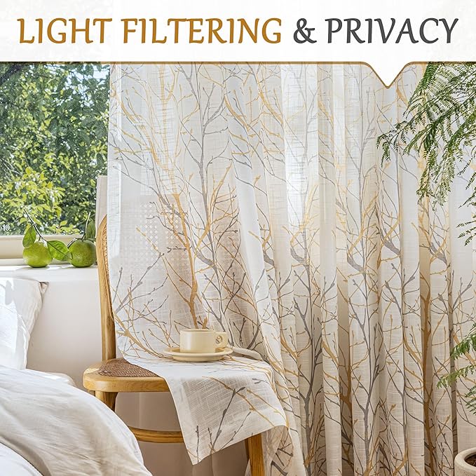 FMFUNCTEX Linen Yellow White Semi Sheer Print Curtains 96 Inch 2 Panels | Tree - Image 3