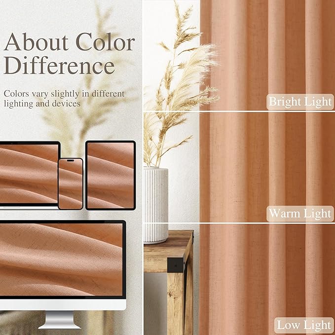 Peach Quartz Linen Curtains 120 Inch Length 2 Panel Set Back Tab Loop Pocket - Image 3