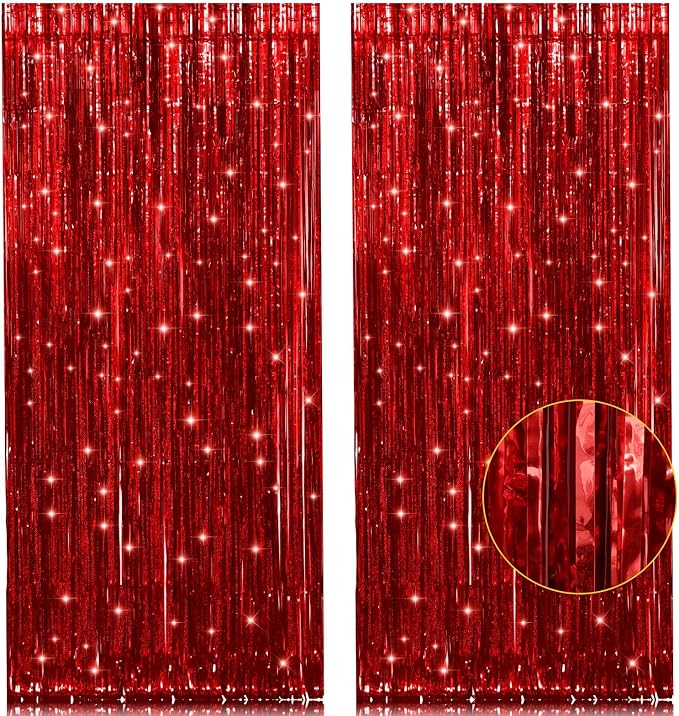 2 Pack Red Metallic Tinsel Foil Fringe Curtain, 3.2Ft x 8.2Ft Tinsel Curtain by welcomePIGETALE