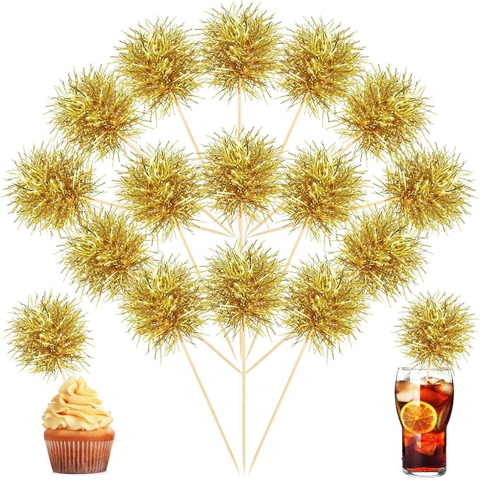 Chinco 100 Pcs Foil Firework Cupcake Toppers Gold Sparkle Tinsel Cake Toppers by Chinco