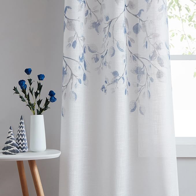 Navy Blue Leaf Floral Print Metallic Sheer Curtain - Image 9