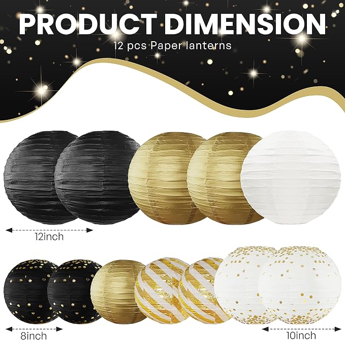 12PCS Black Gold Hanging Paper Lanterns Graduation Party Decor | Black and Gold - Image 3