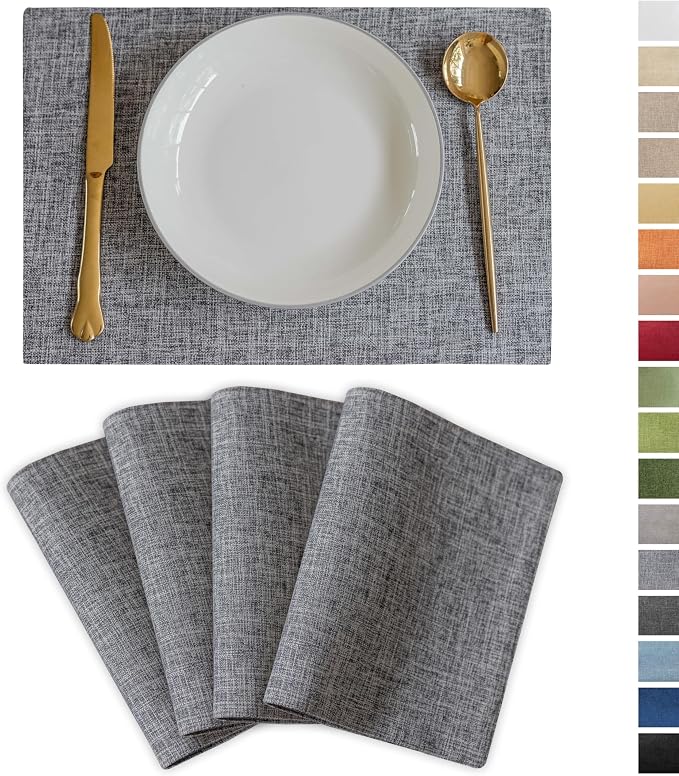 Demetex Grey Placemats Set of 4 Farmhouse Heat Resistant Linen Table Place Mats by DEMETEX