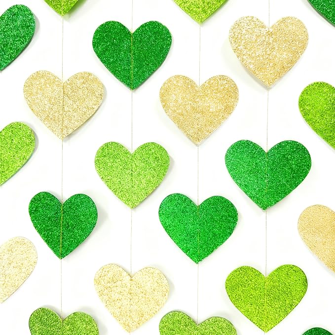 Gold and Green Heart Party Decorations Glitter Paper Love Heart Hanging Banner - Image 6