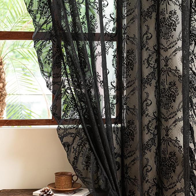 Deeprove Black Lace Curtains 63 Inch Length Set of 2 Panels Pair - Image 7