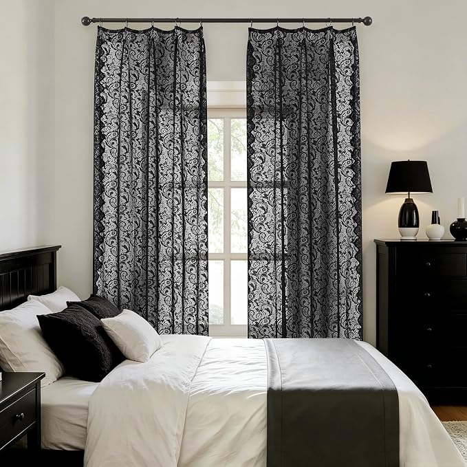 Bujasso Black Lace Pinch Pleat Curtains 108 inch, Gothic Vintage Floral Sheer - Image 6