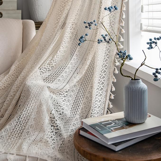 Sutuo Home Boho Curtains Crochet Lace Sheer Bohemian Stylish - Image 3