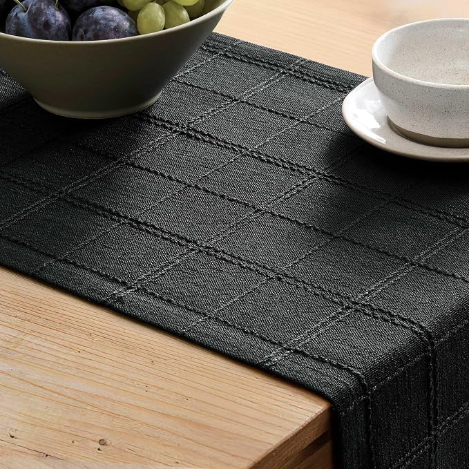 Linen Checked Farmhouse Table Runner, 13x36 Inches Black | Raised Grid Design - Image 5