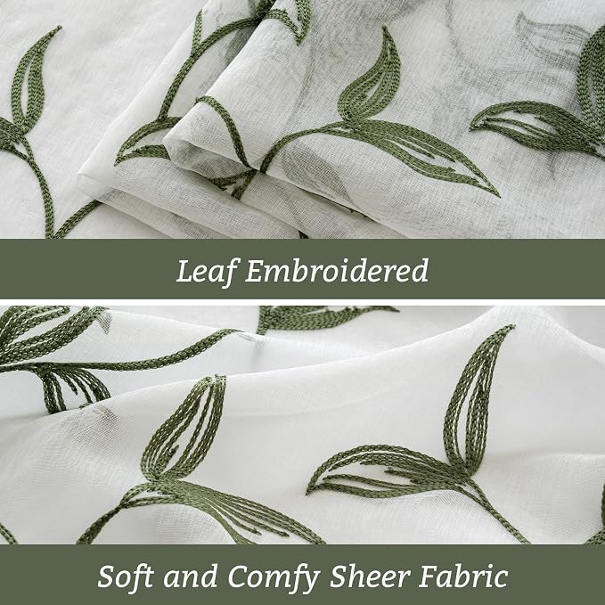 Sheer Curtains Boho Leaf Floral Embroidered Green 54Wx102L | Light Filtering - Image 7
