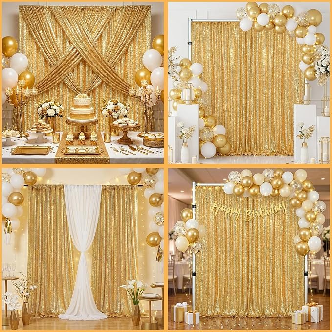 Gold Sequin Backdrop Curtains 6 Pcs 2ftx8ft Gold Curtains Background | Glitter - Image 2