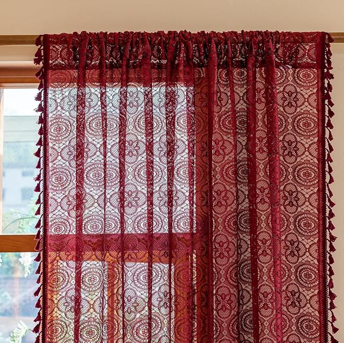 Burgundy Boho Lace Curtains, 59 X 54 inch, Wine Red Sheer Window Panels | Sheer - Image 4