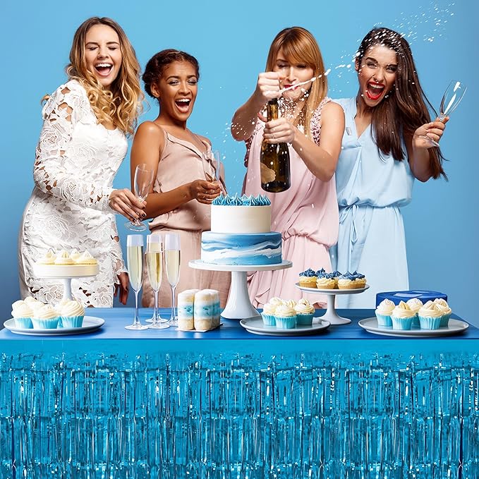 8 Pack Lake Blue Table Skirts, 29x108" Metallic Foil Tinsel Fringe Table Skirts for Rectangle Tables Streamer Curtains Backdrop, Party Decorations for Birthdays Weddings Holidays