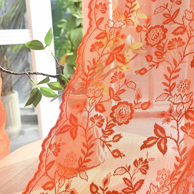 Burnt Orange Lace Curtains Rustic Leaf Floral 42 x 84 Inch, 2 Panels | Rod - Image 7