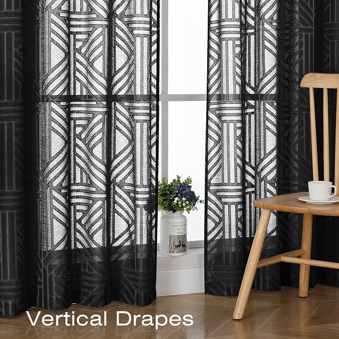 Simplebrand Semi Sheer Black Curtains 30 Inch Length 2 Panels, Geometric - Image 6