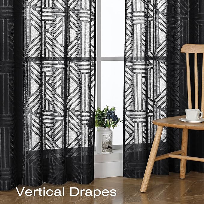 Simplebrand Black Semi Sheer Curtains 45 Inch Length 2 Panels, Geometric - Image 5