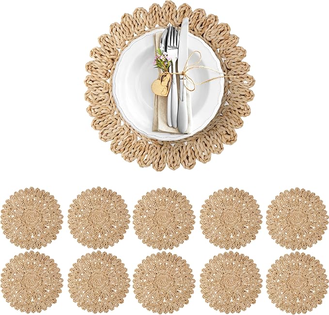 13.8" Corn Husk Woven Round Placemats Set of 10 by DaiVuCrafts