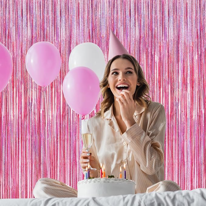8 Pack Pink Backdrop, 3.28 FT x 7.05 FT Fringe Curtains, Metallic Glitter Pink - Image 5