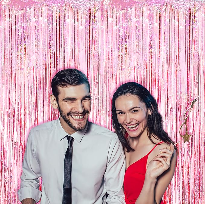 2 Pack 3.3x8.2 Feet Laser Pink Foil Fringe Backdrop Curtains, Tinsel Streamers Birthday Party Decorations, Fringe Backdrop for Graduation, Baby Shower, Gender Reveal, Disco Party