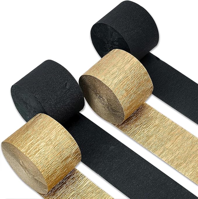 4 Gold Black Crepe Paper Streamers, 328ft Pack of Party Decorations | Each roll by CaptainD%C3%A9cor