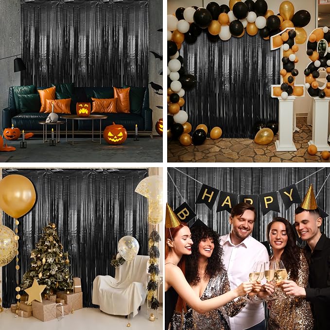 3 Pack 3.3 x 9.9 ft Black Fringe Backdrop Streamers Party Decorations | Foil - Image 6