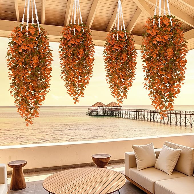 4Pcs Fake Hanging Plants, Eucalyptus Leaves Fake Vines Fall Decor | UV - Image 5
